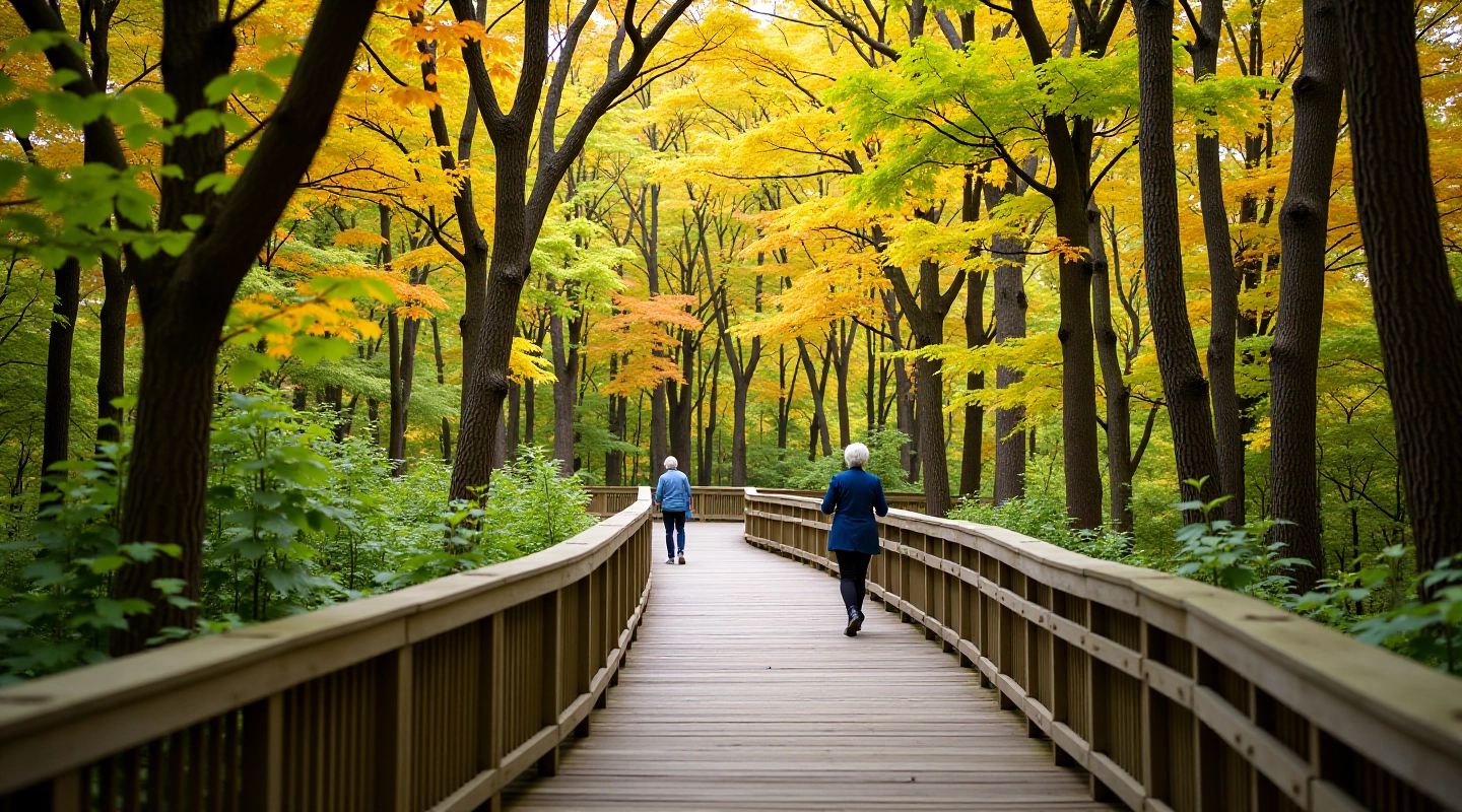 Accessible boardwalk trail winding through mature maple trees with handrails and benches
