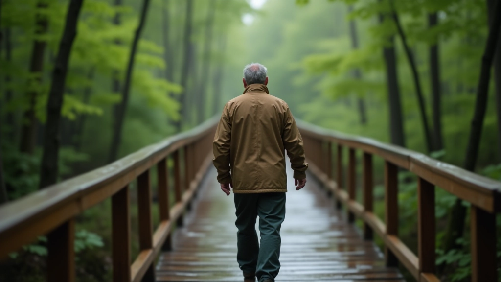Person walking on maple boardwalk trail during light rain with weather-appropriate gear