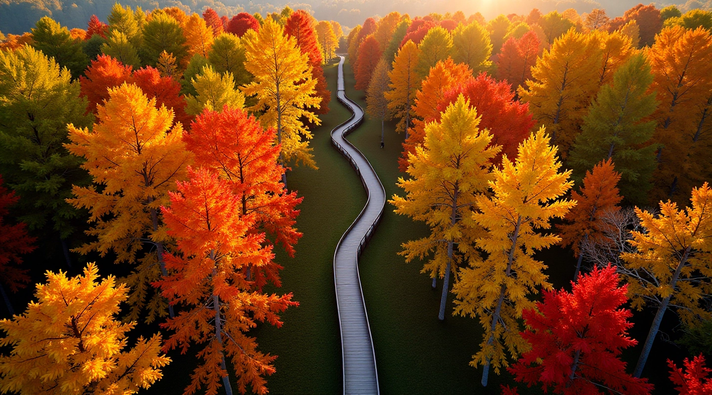 Aerial view of maple forest canopy with golden autumn leaves and winding boardwalk path
