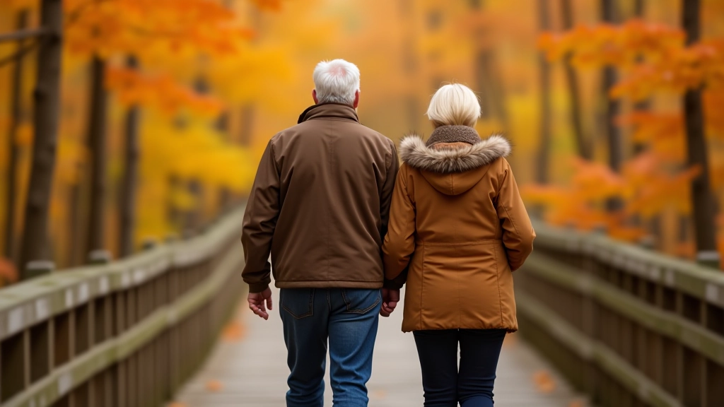Senior couple walking on smooth wooden boardwalk with autumn trees, one person using a walking stick, bright daylight