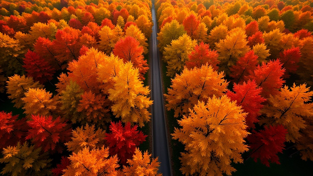 Aerial view of maple forest canopy showing dense golden and red autumn foliage creating rich color patterns