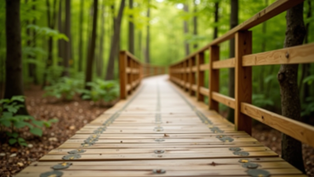 Close-up of accessible boardwalk with sturdy handrail, smooth wood surface, clear markings