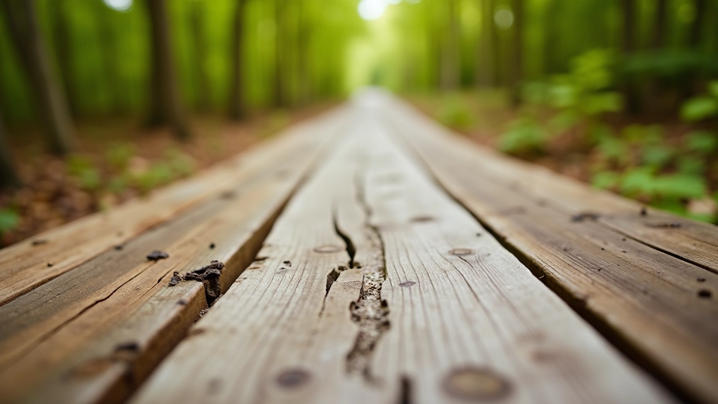 Close-up of different boardwalk surface textures showing smooth wood, gravel pathways, and natural forest ground