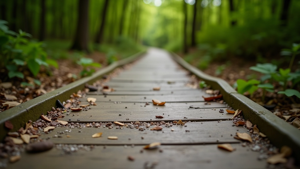 Close-up of different boardwalk surface types, gravel pathway, and accessibility features in forest trail, various ground textures shown