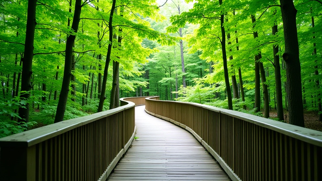 Elevated wooden boardwalk winding through dense maple forest canopy