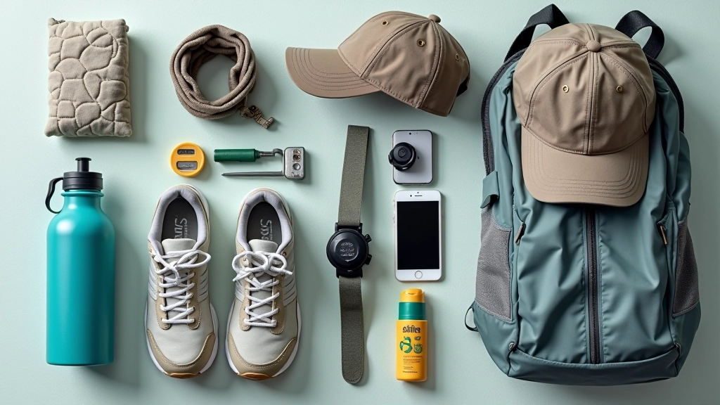 Laid-out packing items for boardwalk visit including water bottle, comfortable shoes, layers, hat, and light jacket arranged neatly