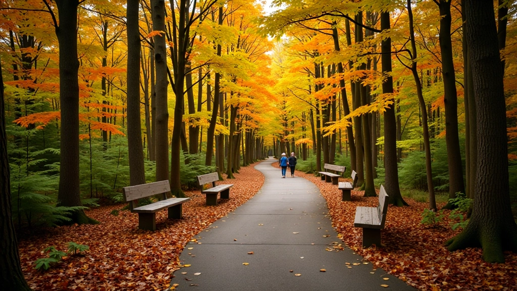 Gentle boardwalk winding through dense maple forest with multiple rest benches visible along path, canopy overhead, autumn setting