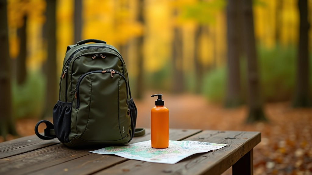 Hiking backpack with water bottle, map, and sunscreen on wooden picnic table with forest background and autumn foliage