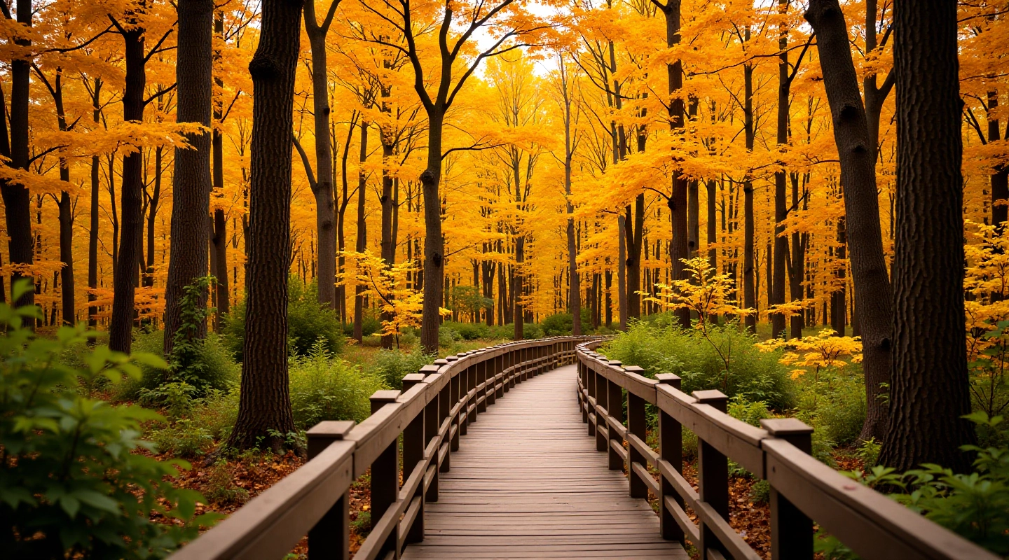 Maple forest canopy with golden autumn foliage and wooden boardwalk trail winding through trees