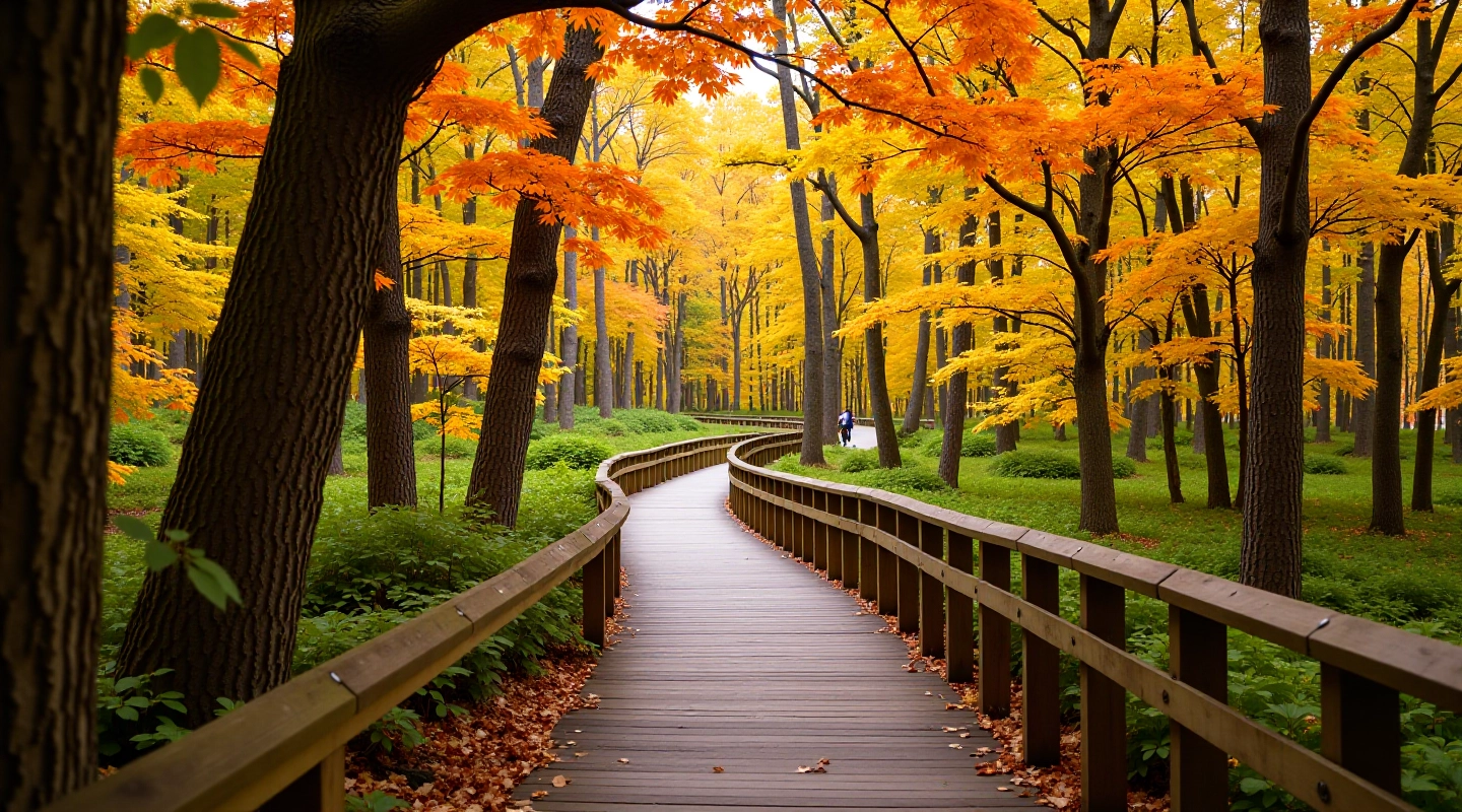 Maple Ridge Boardwalk Loop winding through mature maple trees with autumn foliage creating a natural canopy overhead