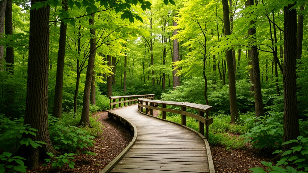 Maple Ridge Boardwalk Loop with gentle trail winding through mature maple trees