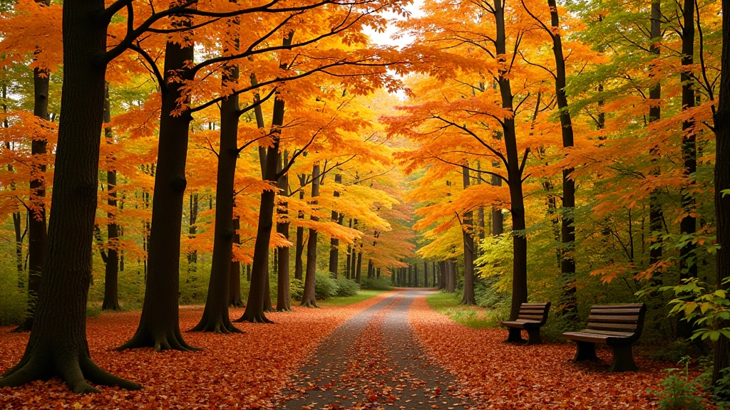 Mature maple trees with golden autumn foliage in forest setting