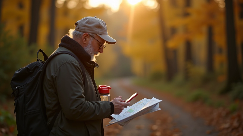 Person checking weather forecast and packing hiking gear on a sunny morning