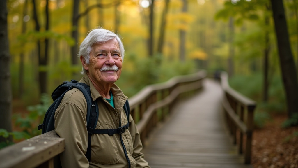 Person sitting on wooden bench overlooking boardwalk trail with maple trees, peaceful forest setting with golden light