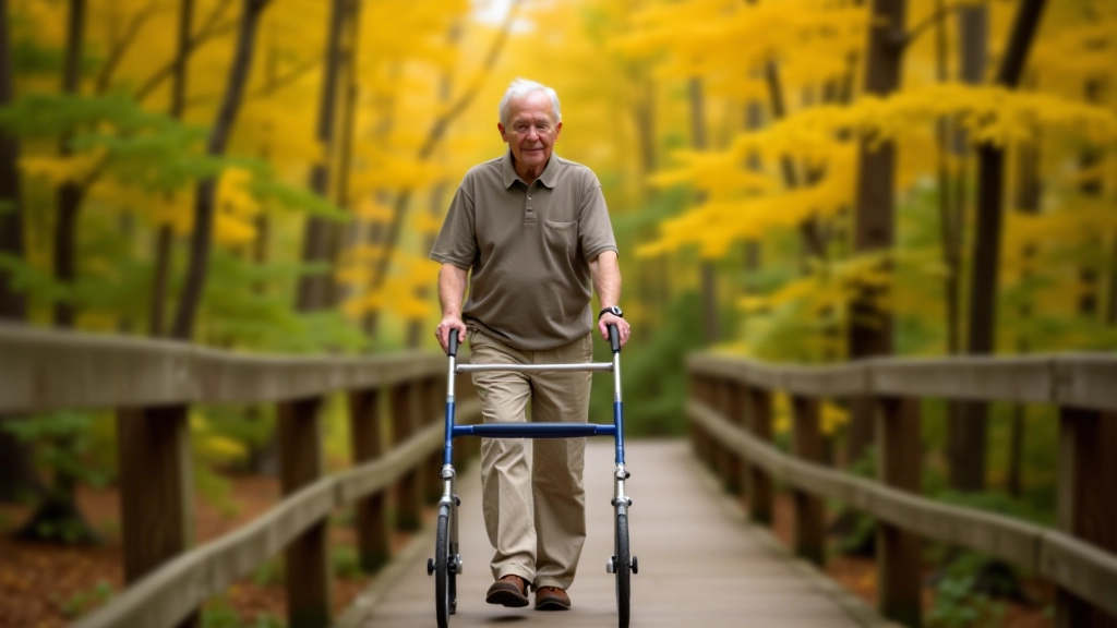Person using walker on wide boardwalk trail with handrail visible and autumn maple trees