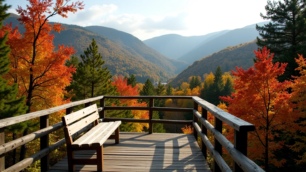 Wooden rest bench on boardwalk overlooking maple forest valley with mountains in distance, autumn colors