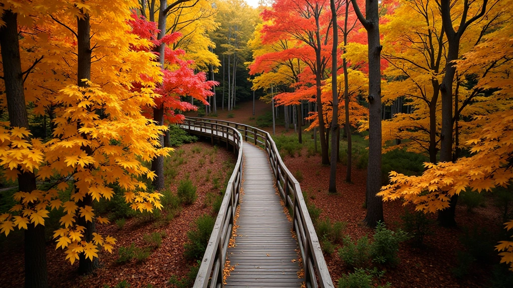Aerial view of maple forest boardwalk pathway through autumn canopy