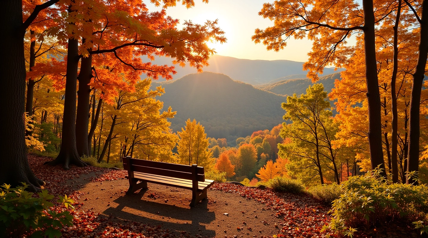 Scenic overlook with wooden benches overlooking maple forest valley during autumn, golden sunlight filtering through canopy