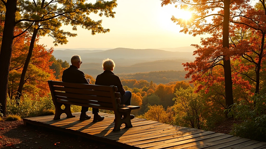 Scenic viewpoint from wooden lookout bench overlooking forest landscape with distant views and golden afternoon light