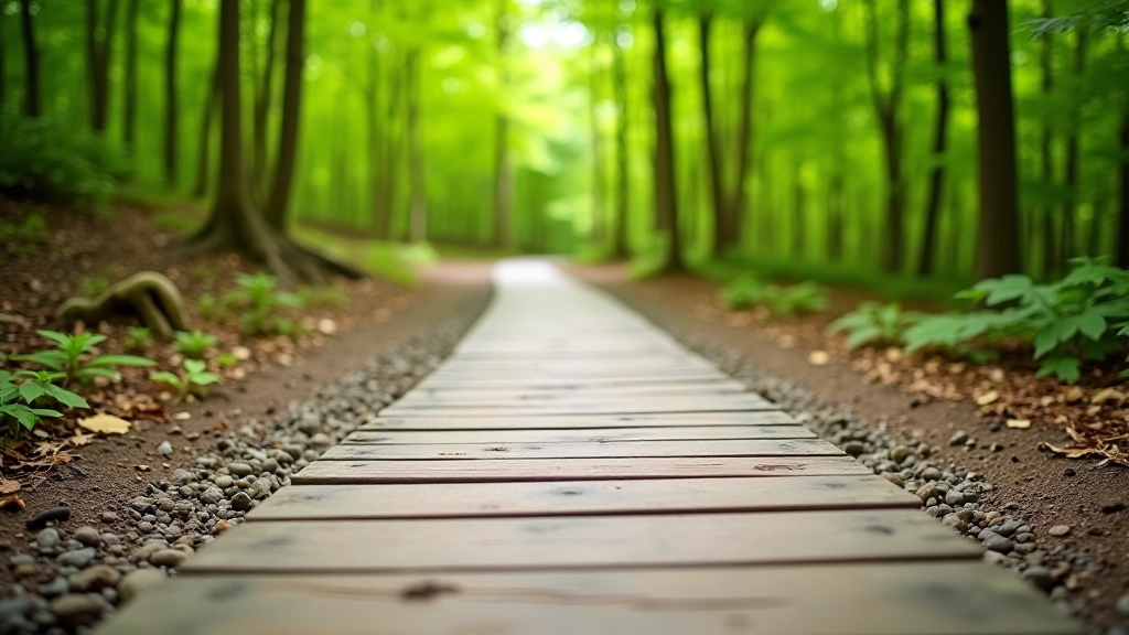 Close-up of various trail surface types including wooden boardwalk, compacted earth, and gravel paths