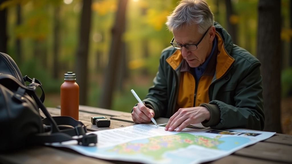 Visitor preparing for park visit with weather-appropriate clothing, backpack, water bottle, and park map spread on table, planning shot