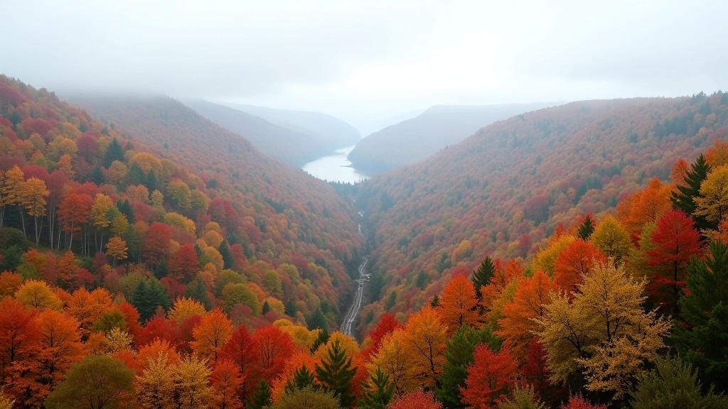 Wide landscape view of maple forest valley with multiple color layers, autumn foliage at peak, valley floor in morning mist, overlook perspective