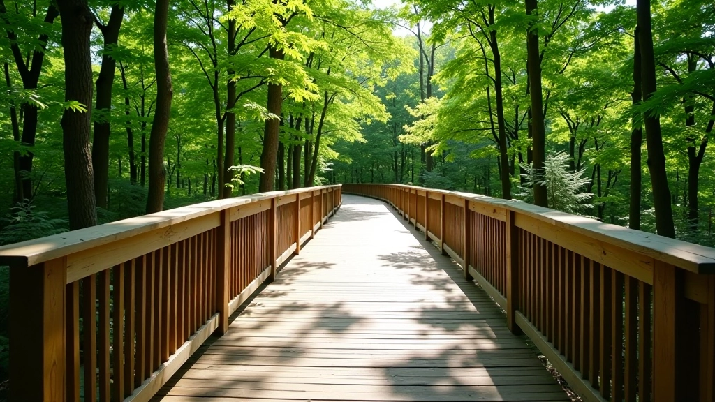 Wide wooden boardwalk stretching through forest with clear sightlines and sturdy construction, accessible path design