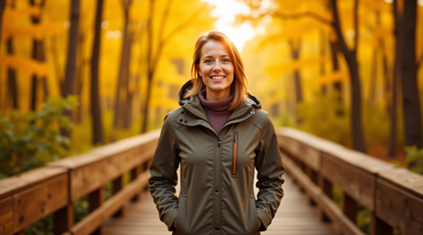 Explorer on a scenic maple forest boardwalk trail in ulmenra Park