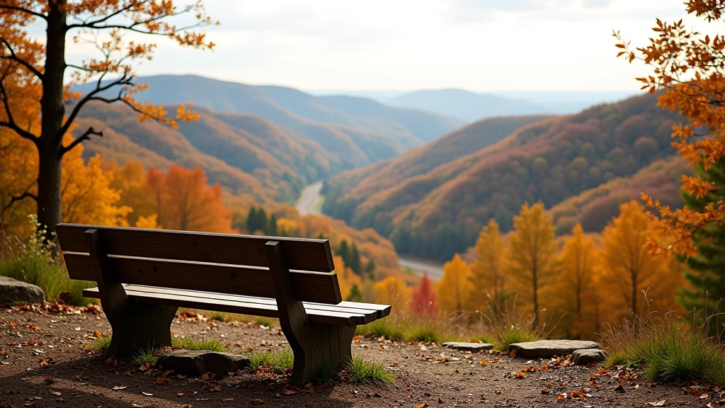 Scenic overlook bench with panoramic view of forested valley and distant hills