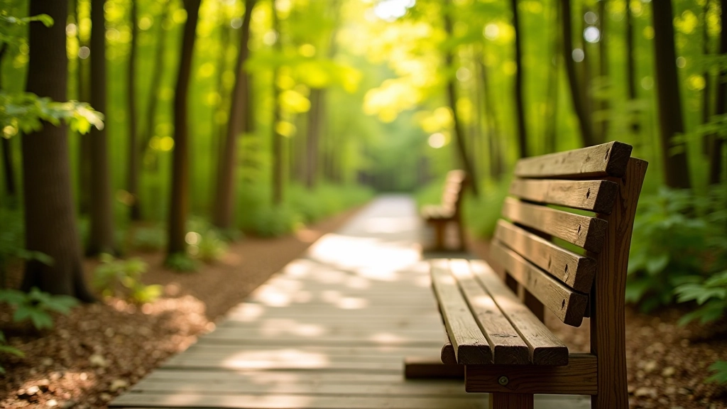 Wooden bench on boardwalk with view of maple forest canopy