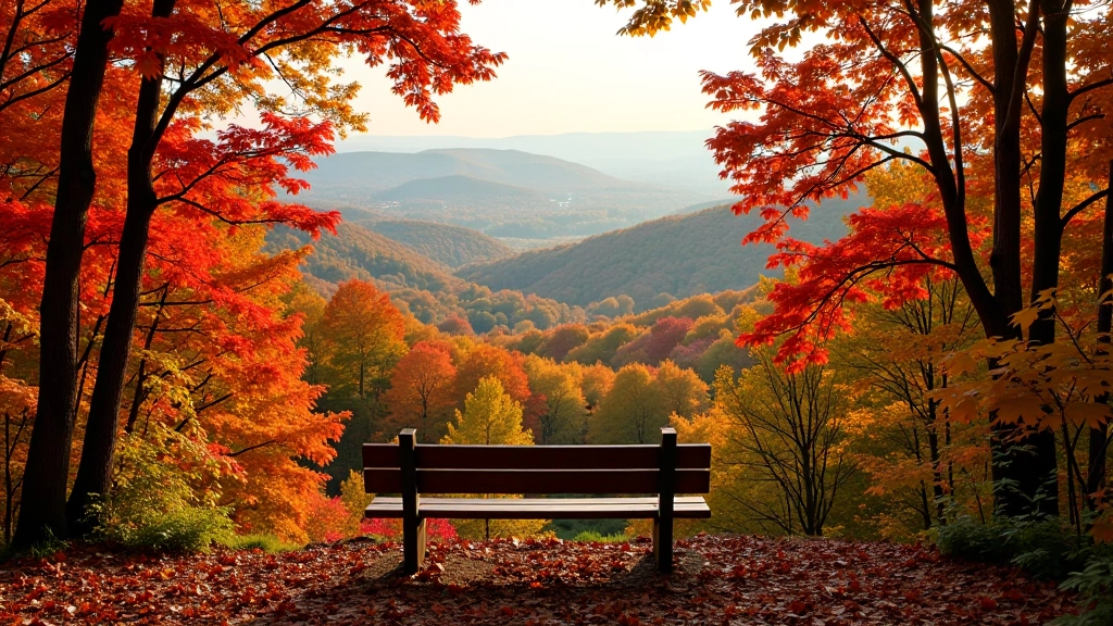 Wooden bench overlooking maple forest canopy in early autumn, red and golden leaves visible, valley landscape in distance, soft afternoon light