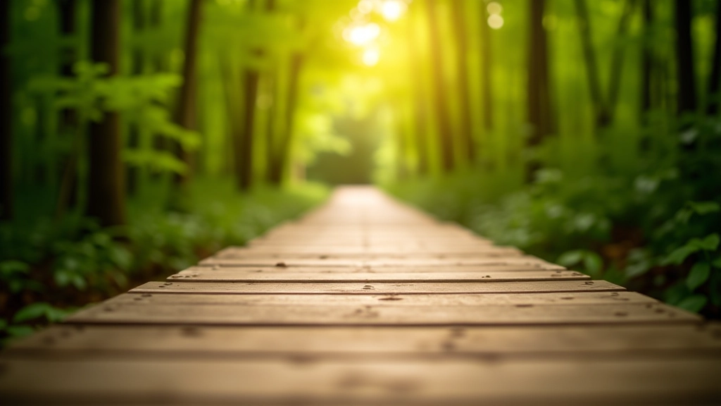 Close-up of smooth wooden boardwalk surface with dappled sunlight filtering through maple canopy above, showing well-maintained planking