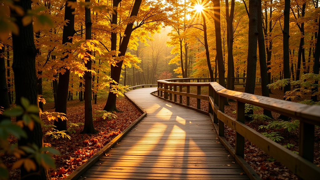 Golden hour sunlight filtering through maple canopy creating dramatic shadows and warm light on the boardwalk