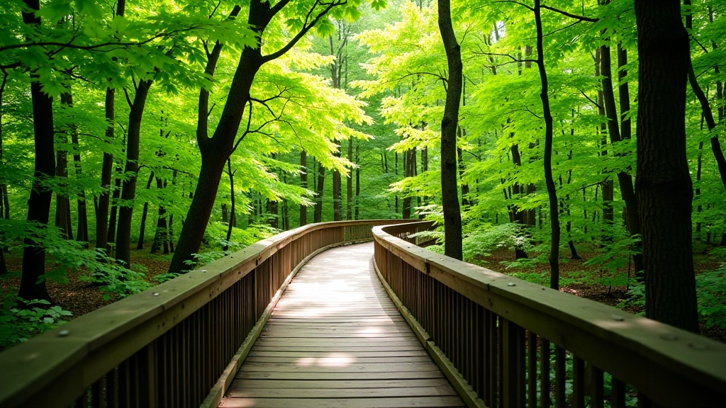 Wooden boardwalk trail winding through dense maple forest canopy