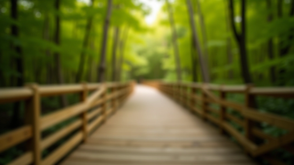 Wooden handrail running along a boardwalk with maple trees visible beyond