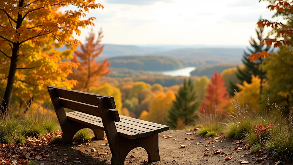 Wooden bench at scenic lookout point overlooking valley landscape